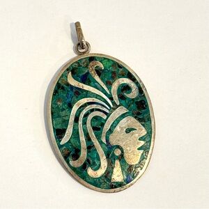 Vintage Aztec Man Sterling Silver & Turquoise Oval Pendant 925 Navajo Style